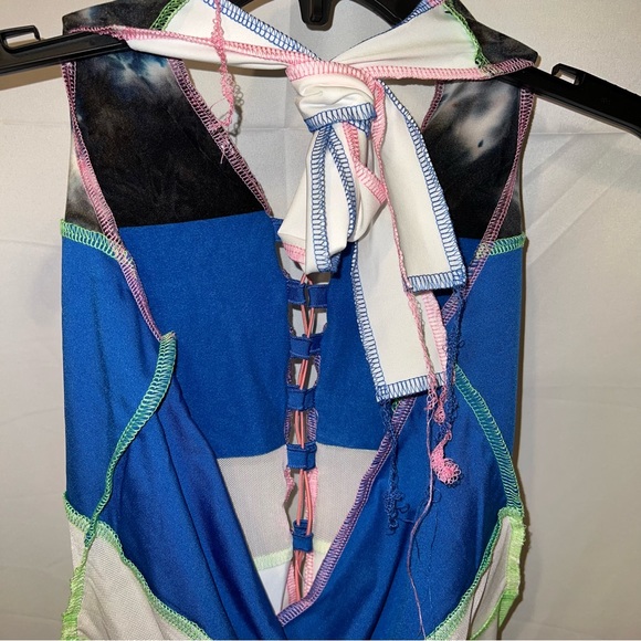 Color It In Colorblock Halter Top - Blue Green Pink Topstitching Distressed - Picture 12 of 16